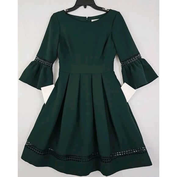 Eliza J~Woman Size 0~Dark Green Fit & Flare 3/4 Sleeve Elegant Dress Fully Lined - Picture 1 of 16